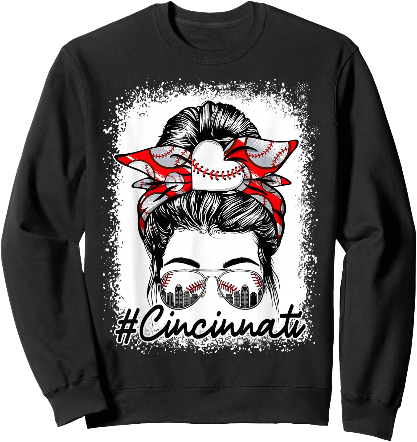 Messy Bun Women Baseball Lover Graphic Funny Cincinnati Sweatshirt - Sweatshirt | Black
