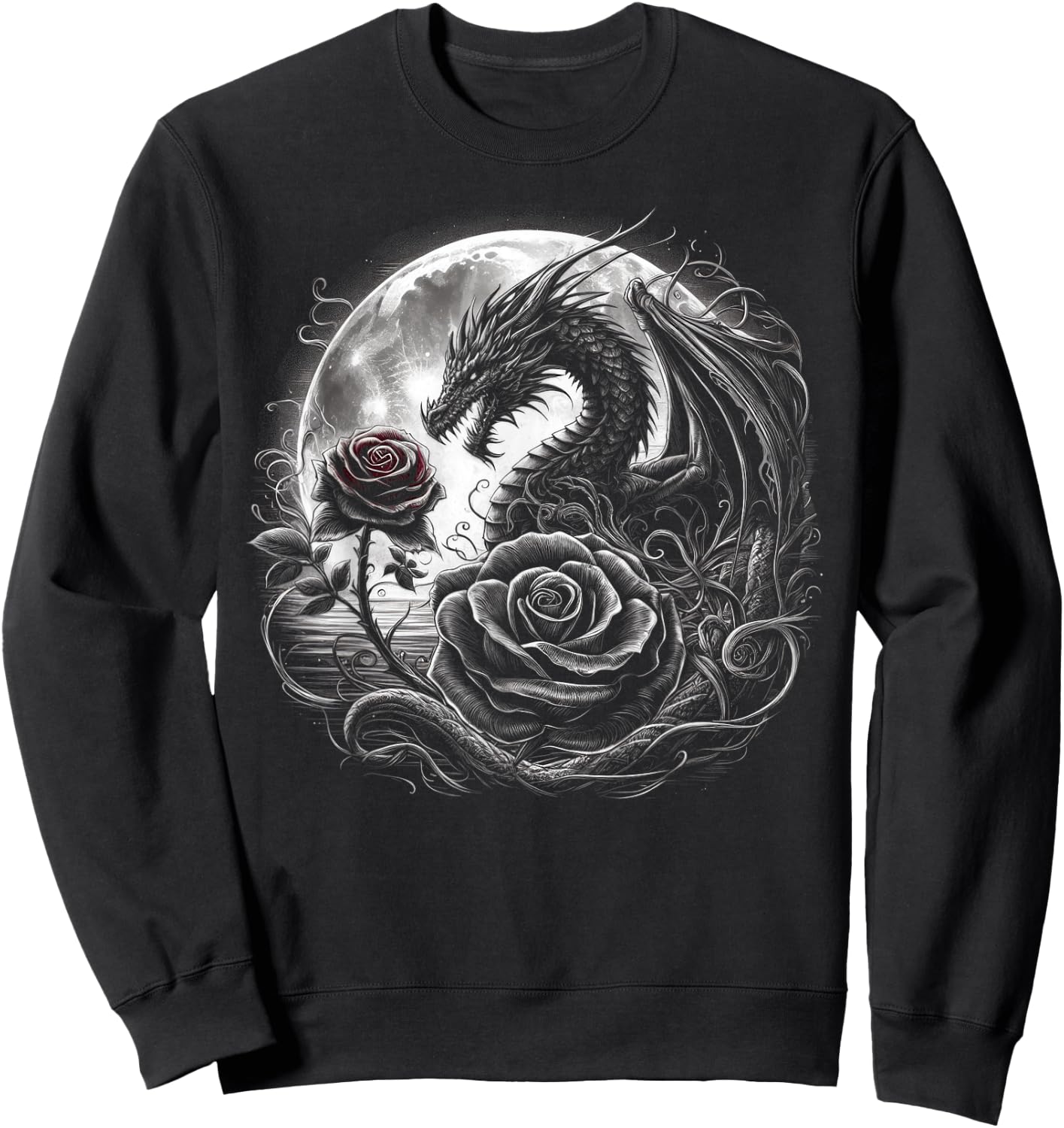 Dragon With Roses And Full Moon Dark Art Sweatshirt - Sweatshirt | Black
