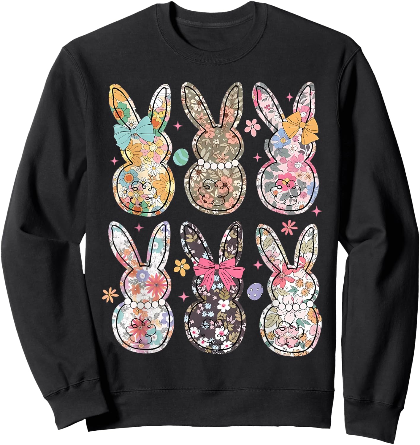 Easter Chinoiserie Floral Bunny With Cute Bow Coquette Sweatshirt - Sweatshirt | Black