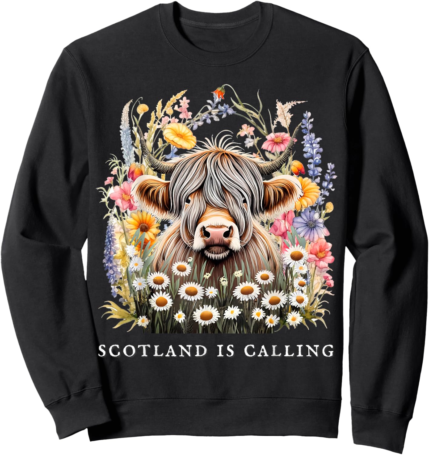Scotland Is Calling Highland Cow flowers Scottish Vacation Sweatshirt - Sweatshirt | Black
