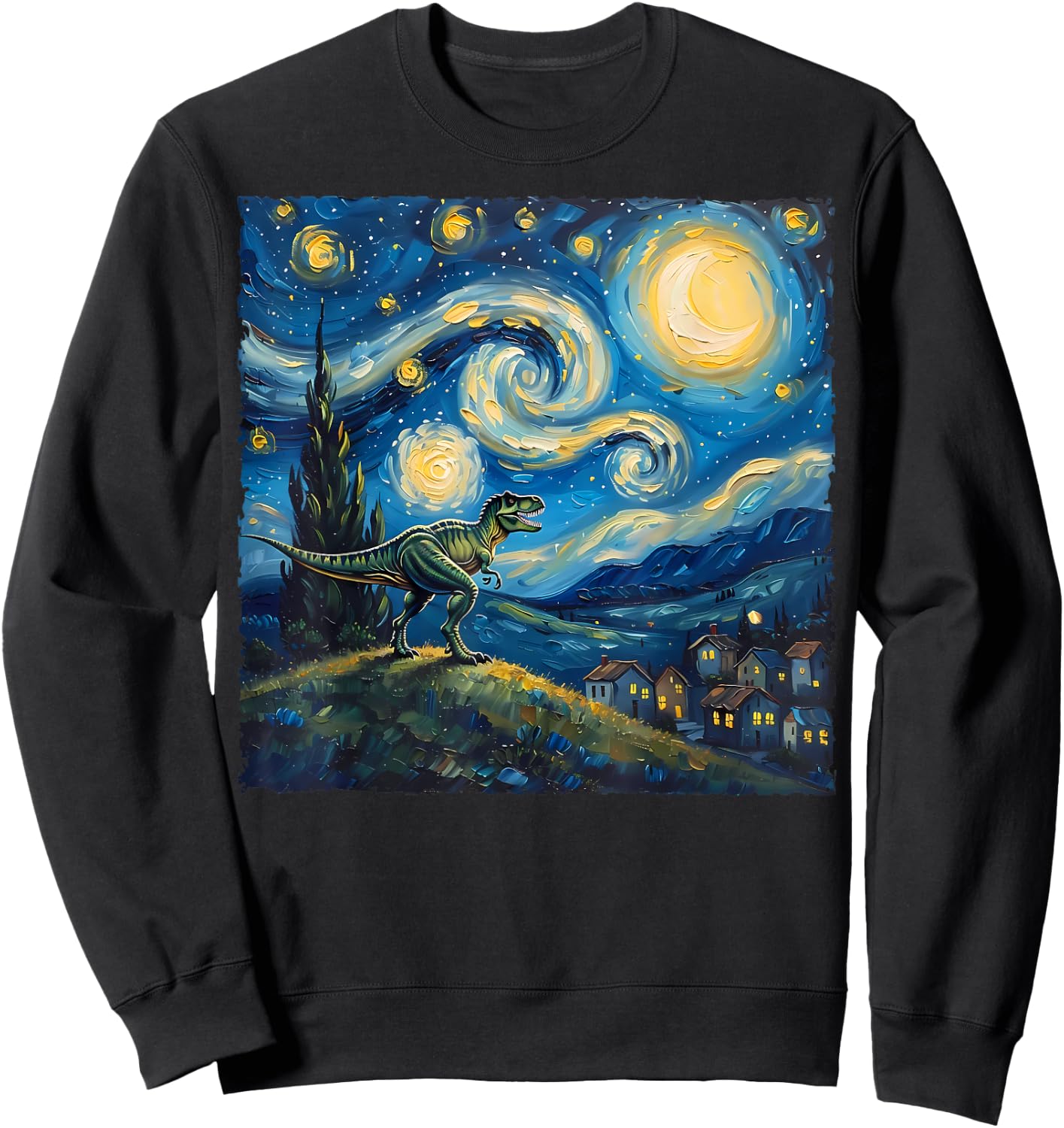 Van Gogh Style The Starry Night - Funny T-Rex Dinosaur Art Sweatshirt - Sweatshirt | Black
