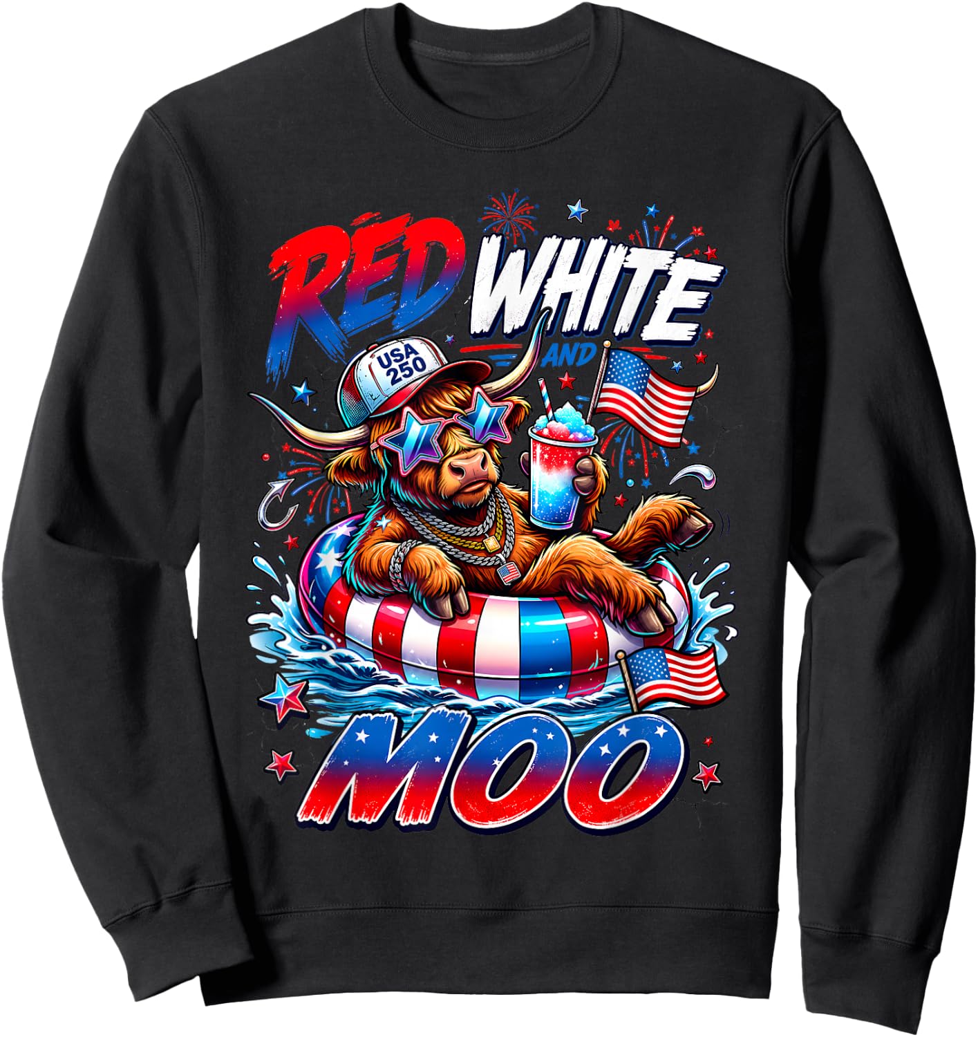 Red White and Moo Highland Cow 4th July 250 Years Patriotic Sweatshirt - Sweatshirt | Black