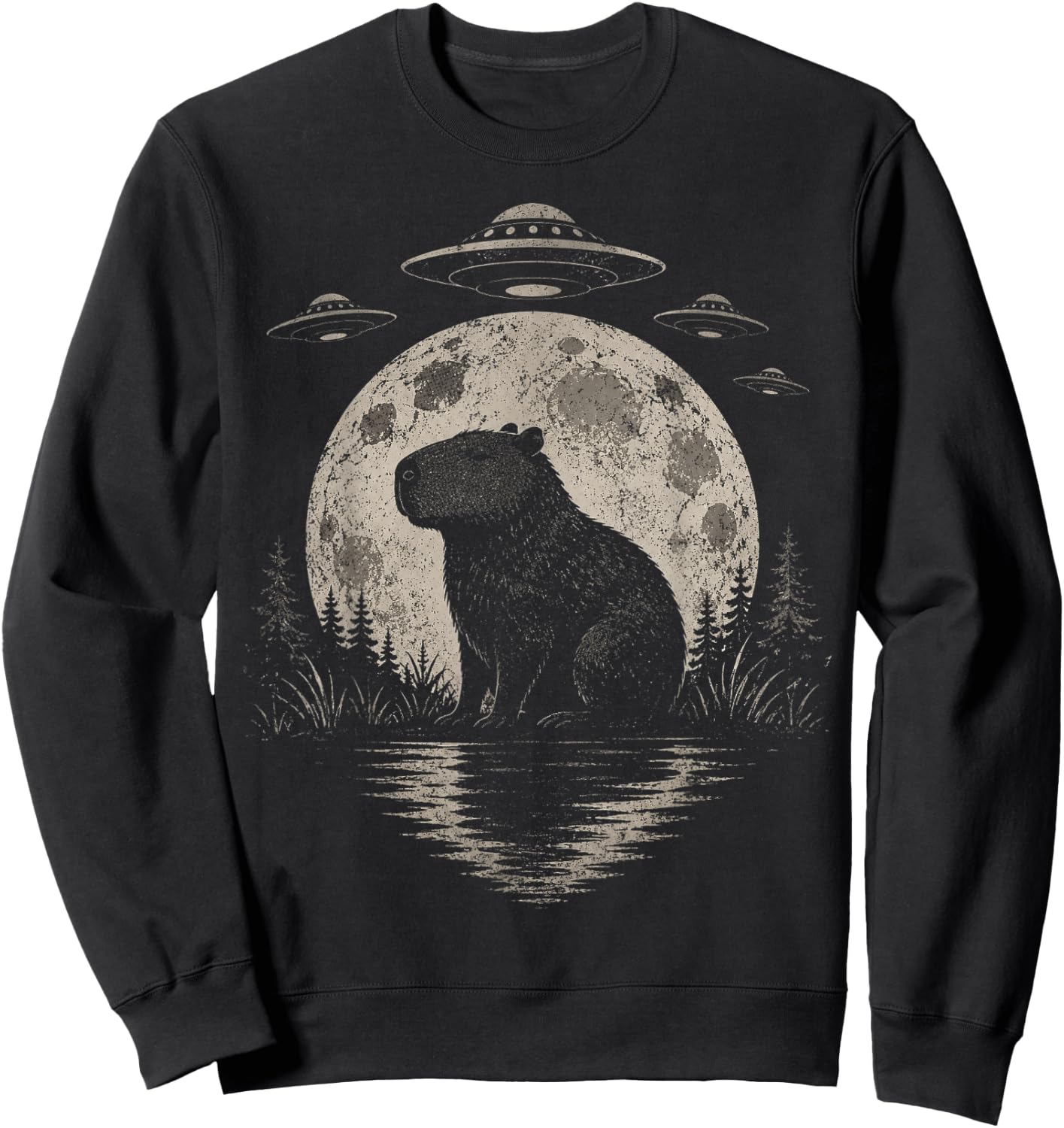 Funny Capybara Moon Alien UFO Evidence Photo Vintage Sweatshirt - Sweatshirt | Black