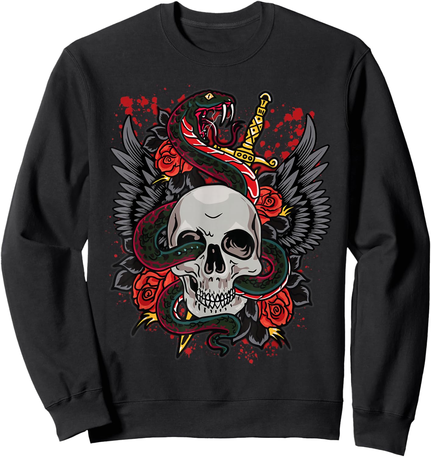 Snake Skull & Dagger Vintage Traditional Tattoo Sweatshirt - Sweatshirt | Black
