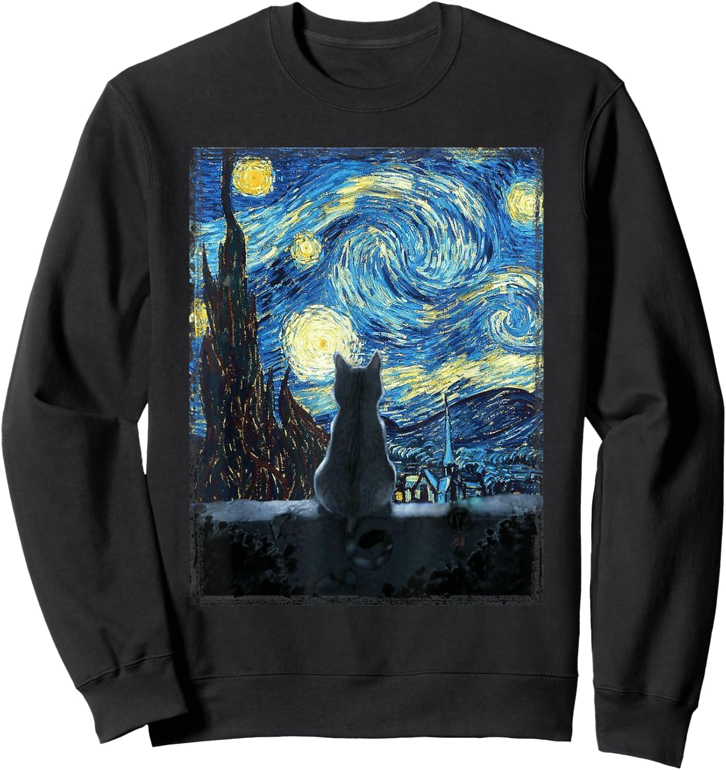 Starry Night Cat, Van Gogh Cat, Starry Night Cat Funny , black Sweatshirt - Sweatshirt | Black