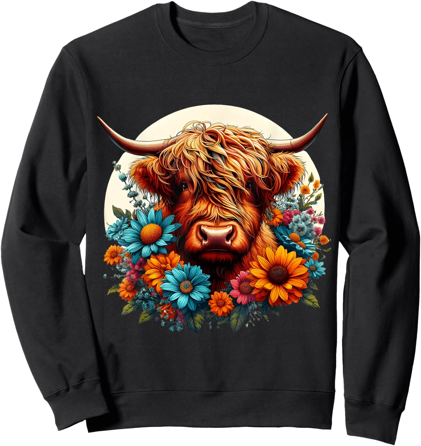 Scottish Cute Highland Cow Cattle Hairy Cow Flowers Colorful Sweatshirt - Sweatshirt | Black