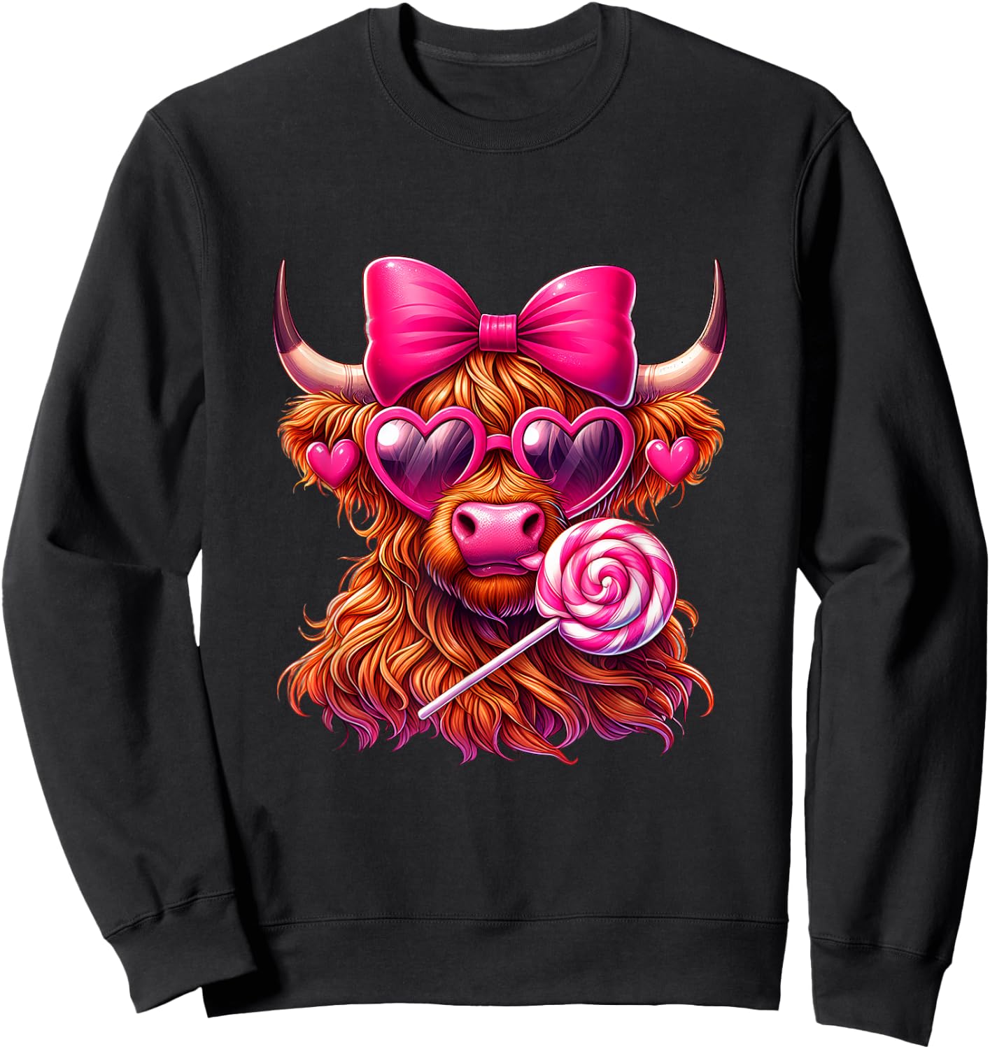 Valentines Highland Cow coquette bow Heart Glasses Lollipop Sweatshirt - Sweatshirt | Black
