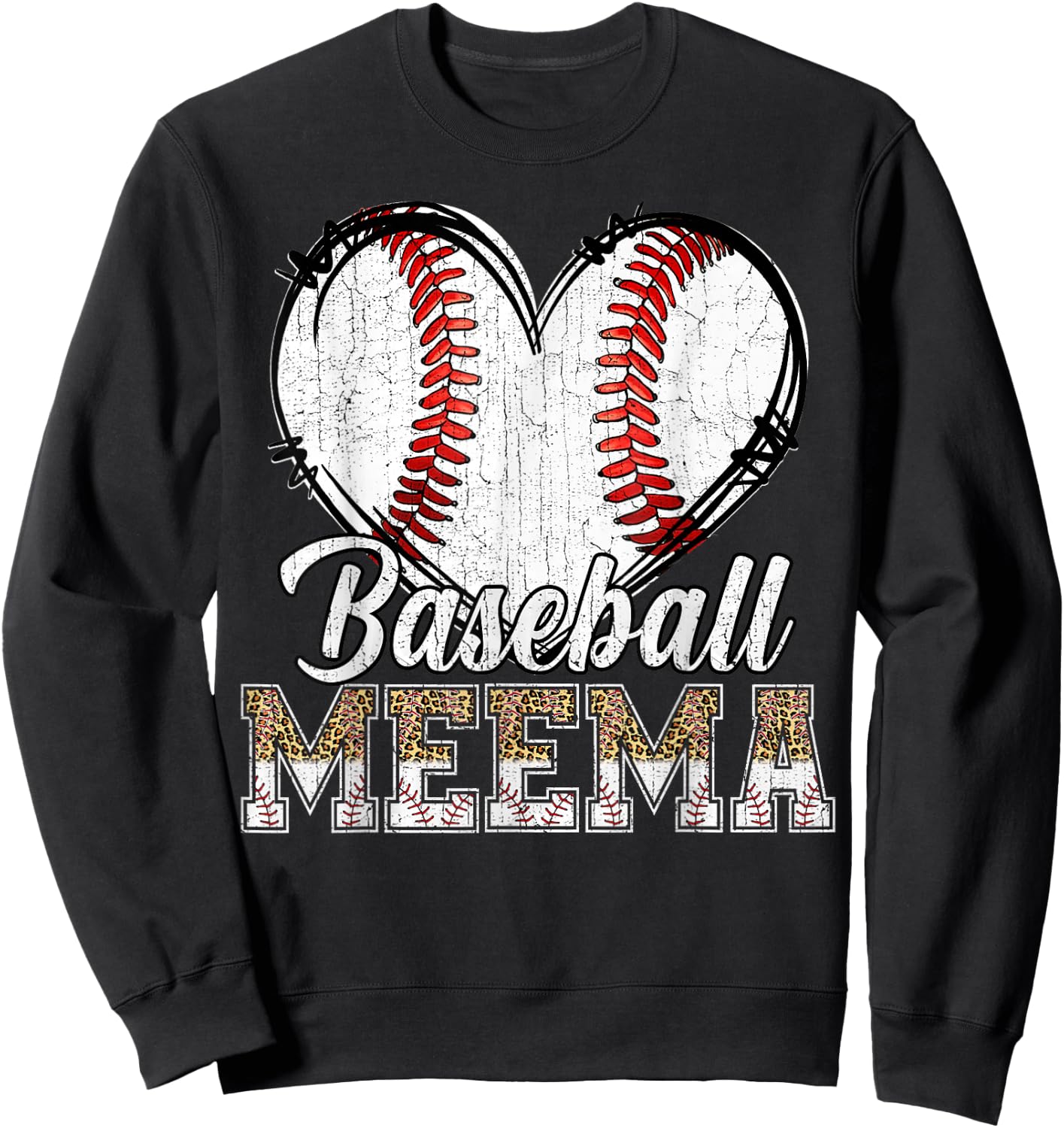 Softball Baseball Meema Heart Leopard Print Mother's Day Sweatshirt - Sweatshirt | Black