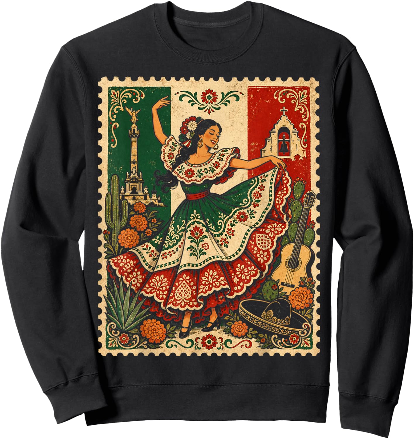 Mexican Folk Dance Baile Folklorico Vintage Stamp Art Sweatshirt - Sweatshirt | Black