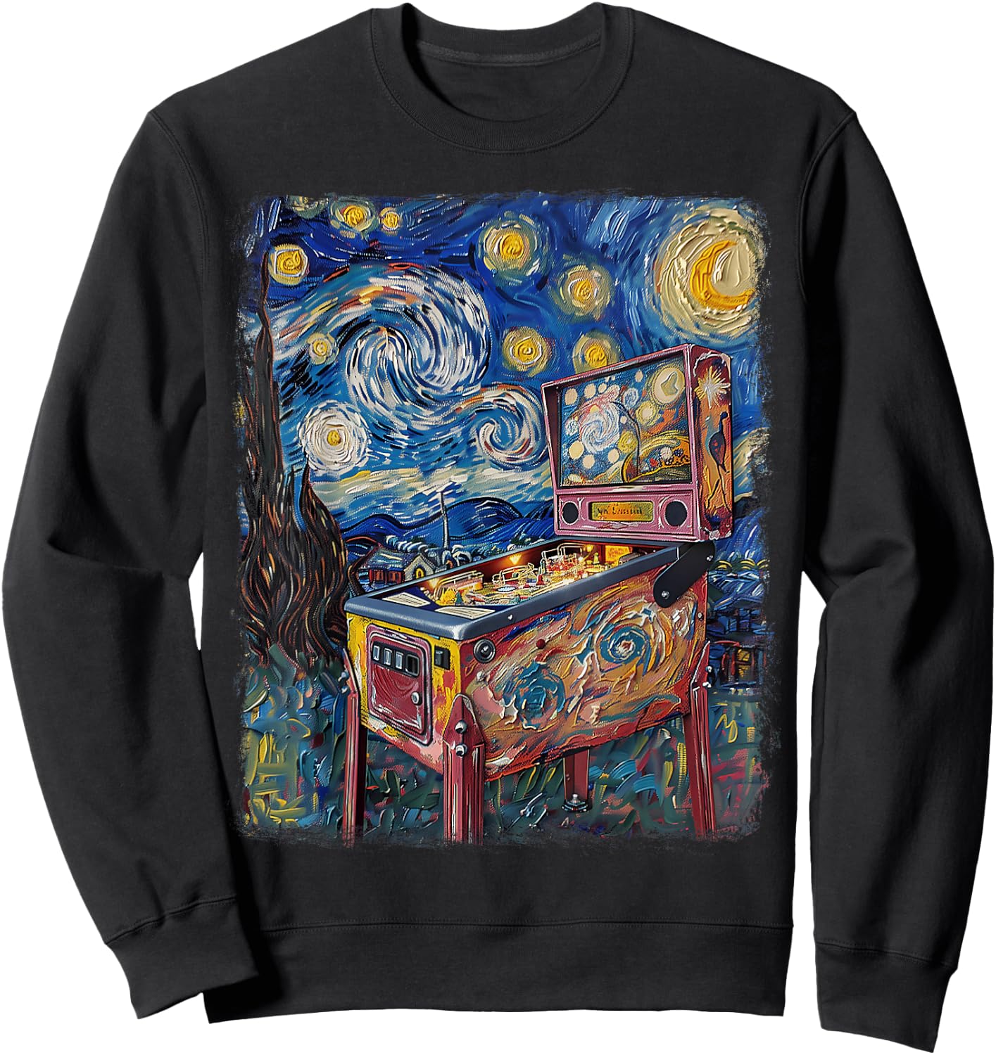 Pinball Arcade Game Machine Starry Night Painting Sweatshirt - Sweatshirt | Black