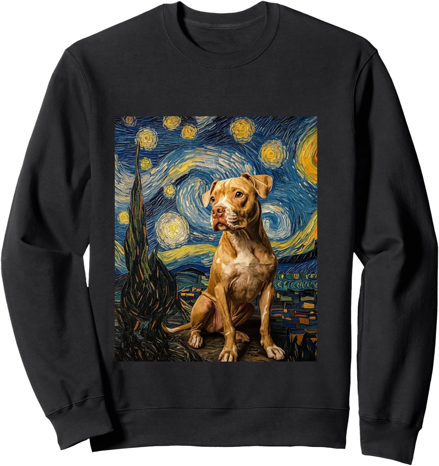 Pitbull Dog Pittie Van Gogh Style Starry Night Graphic Sweatshirt - Sweatshirt | Black