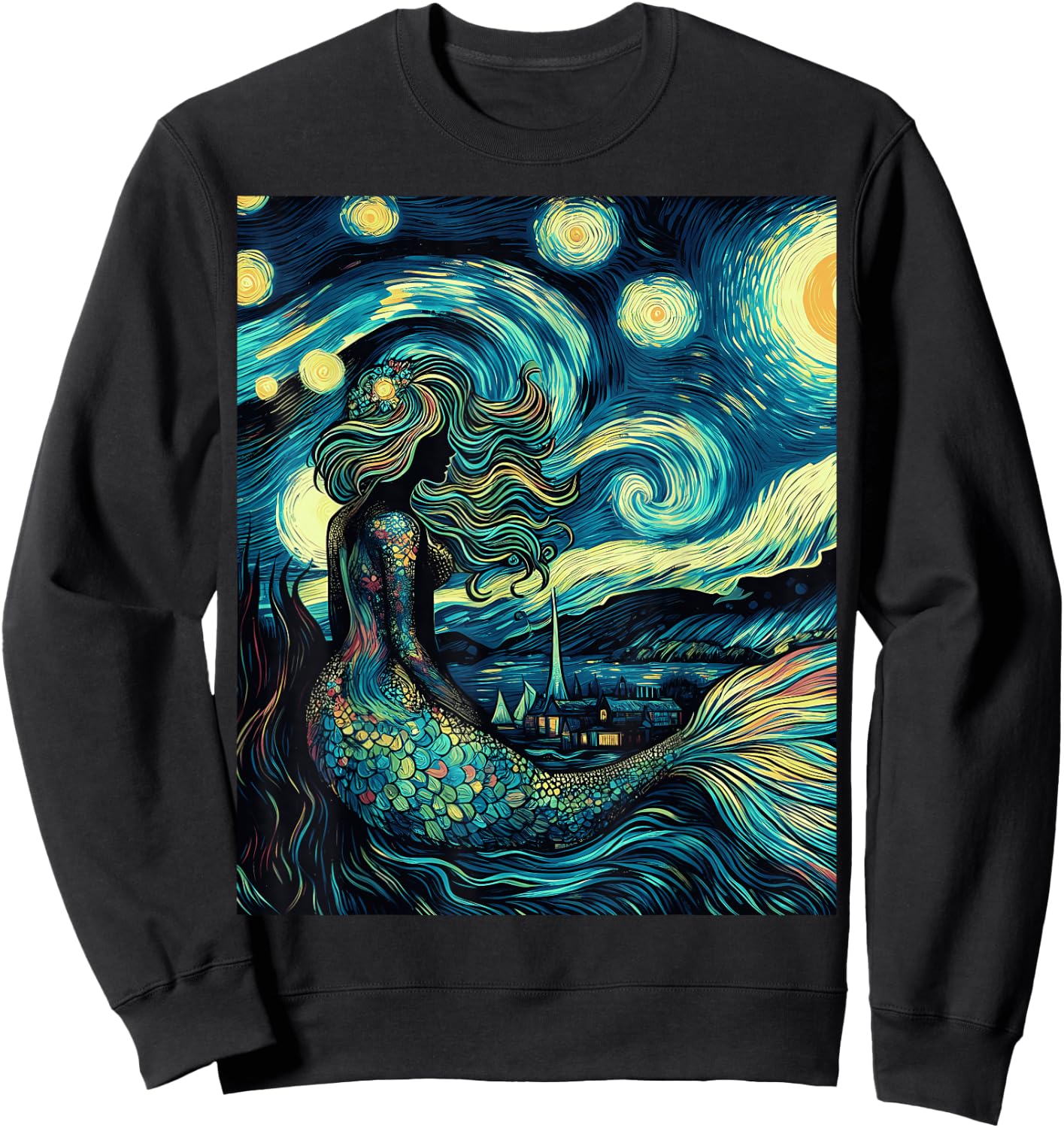 Mermaid Under Starry Night Sky Art Graphic Christmas Sweatshirt - Sweatshirt | Black