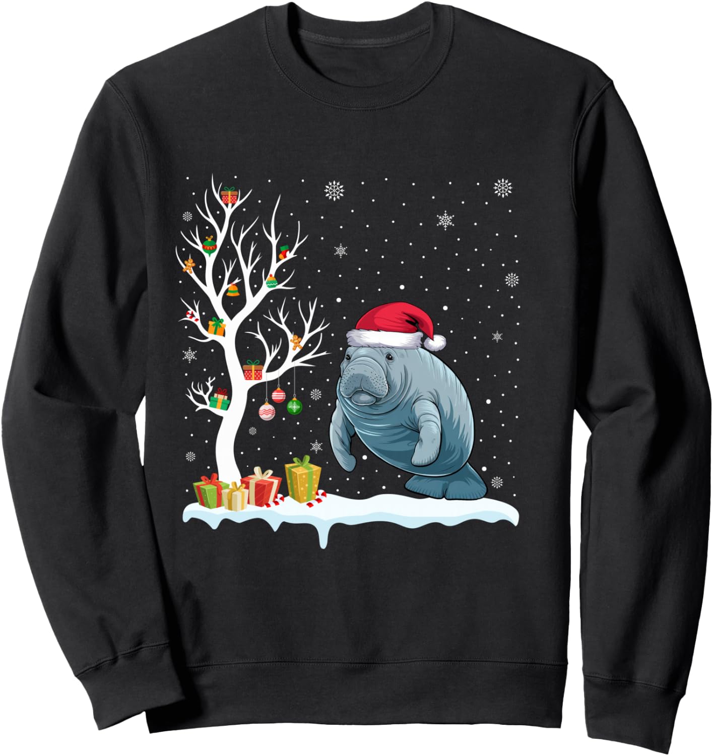 Manatee Santa Hat Festive Tree Light Christmas Pajama Sweatshirt - Sweatshirt | Black
