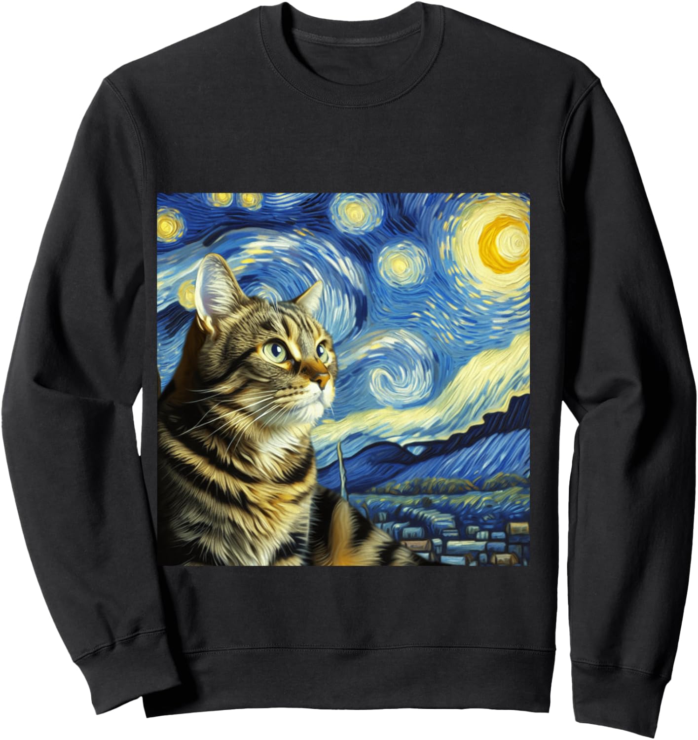 Funny Cat Lover Starry Night Van Gogh Grey Tabby Tiger Cat Sweatshirt - Sweatshirt | Black