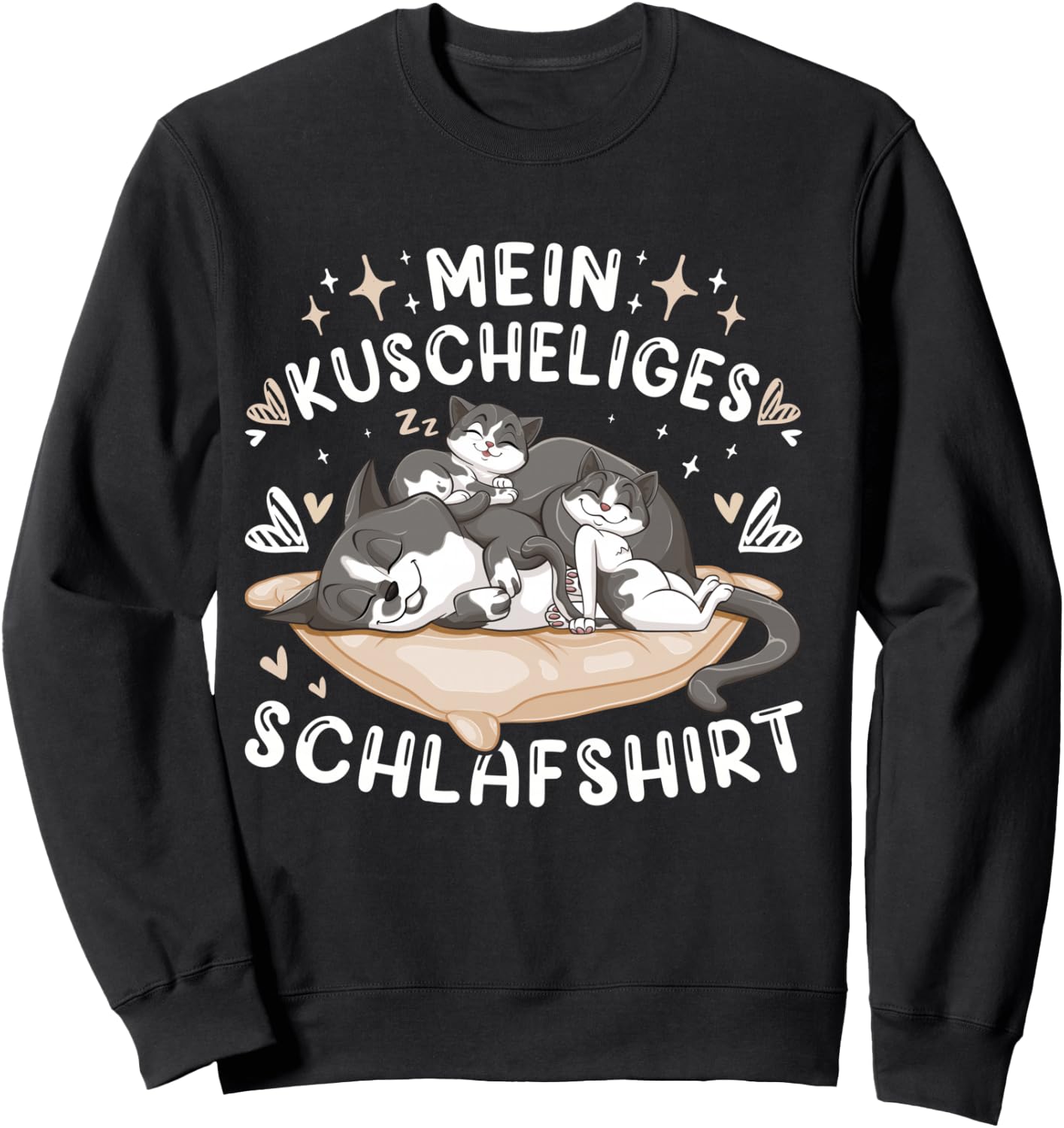 Mein Kuscheliges Schlafshirt, Hauskatze mit 2 Kitten, Shirt, black Sweatshirt - Sweatshirt | Black