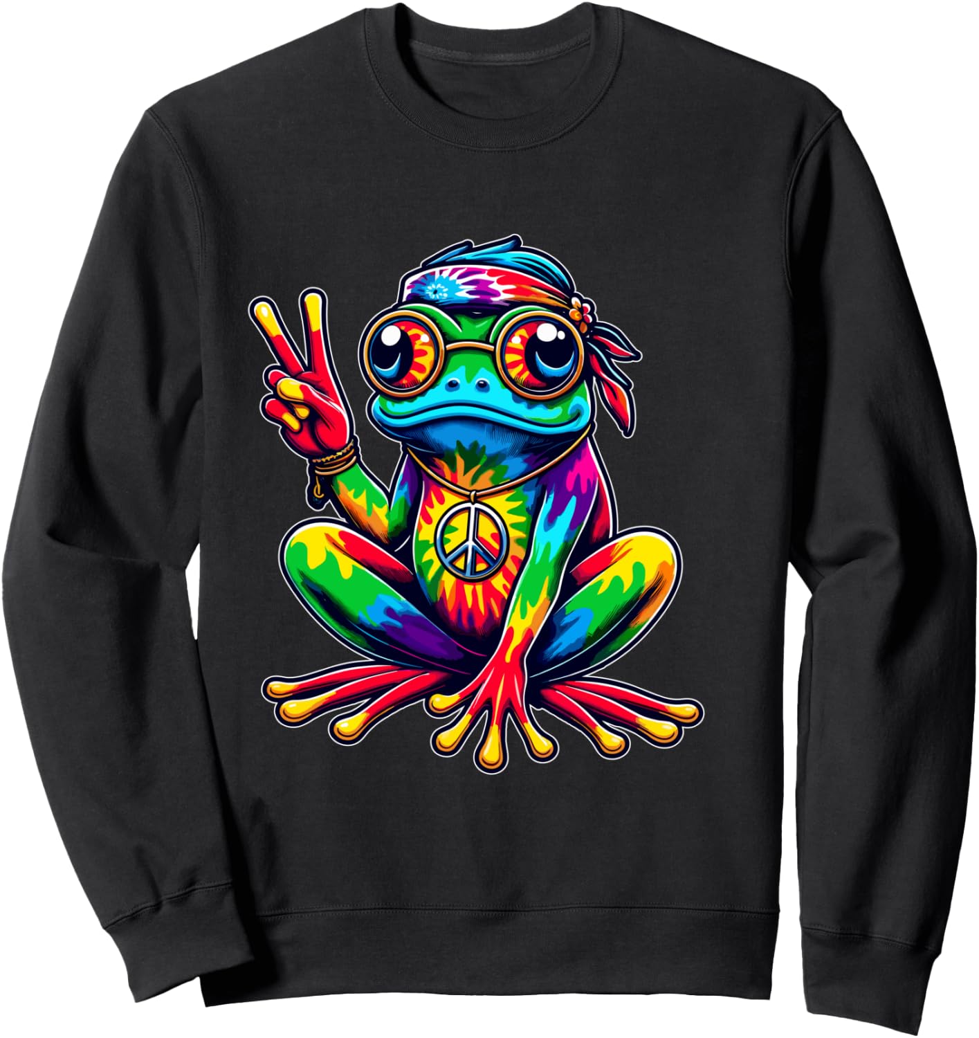 Hippie Tie-Dye Frog, 60s Party & 70s Costume, Peace Sign Shirt, black Sweatshirt - Sweatshirt | Black