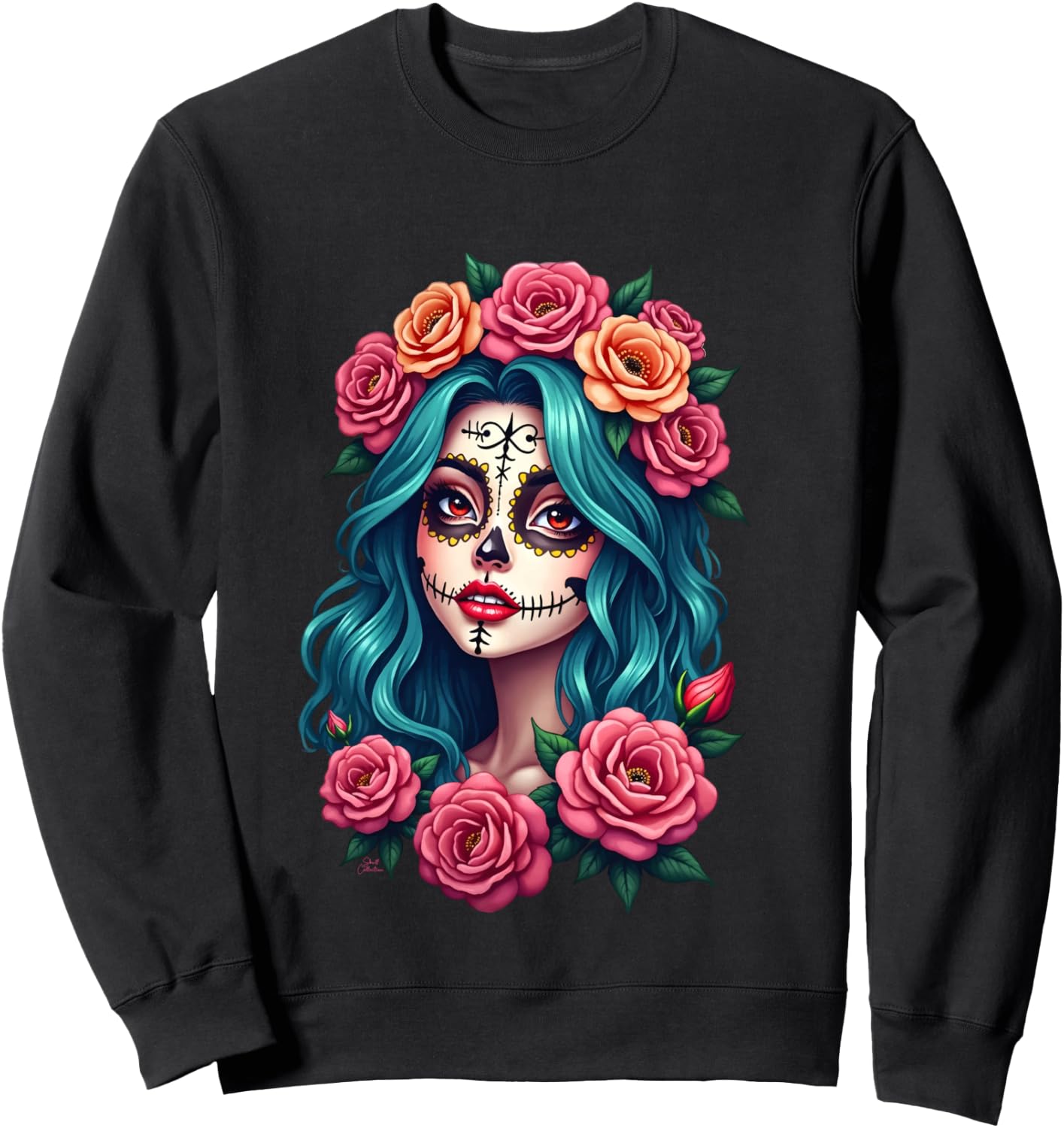 Dia de los Muertos head Mexican woman Mexico sugar skull , Black, S Sweatshirt - Sweatshirt | Black