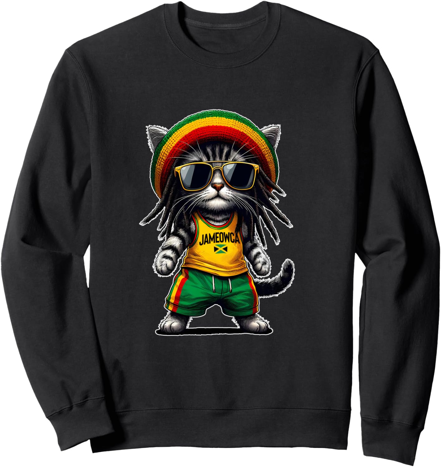 JAMEOWCA Cool & Funny Jamaican Rasta Reggae Cat Sweatshirt - Sweatshirt | Black