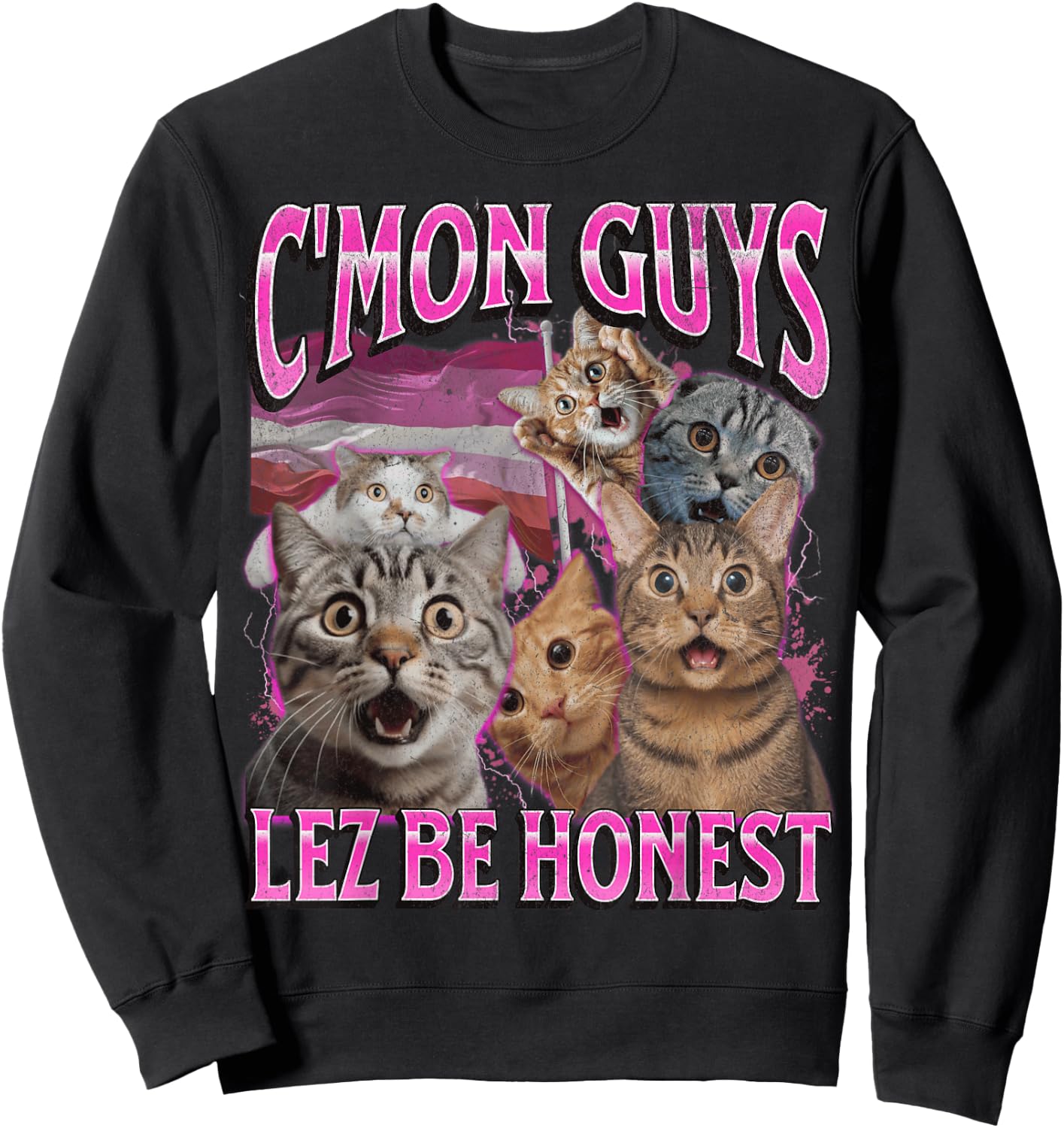 Lez Be Honest Funny Lesbian Cat Gay Pride LGBTQ Pun Bootleg Sweatshirt - Sweatshirt | Black
