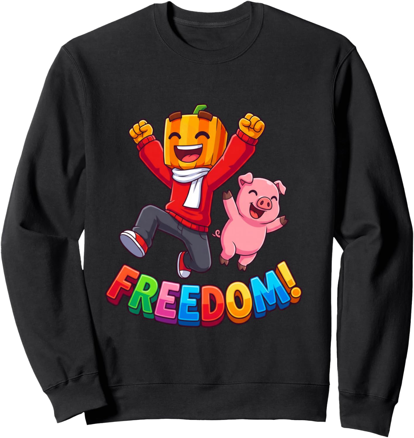 Freedom Kürbis Junge Rosa Schwein Kawaii Cartoon Langarmshirt Sweatshirt - Sweatshirt | Black