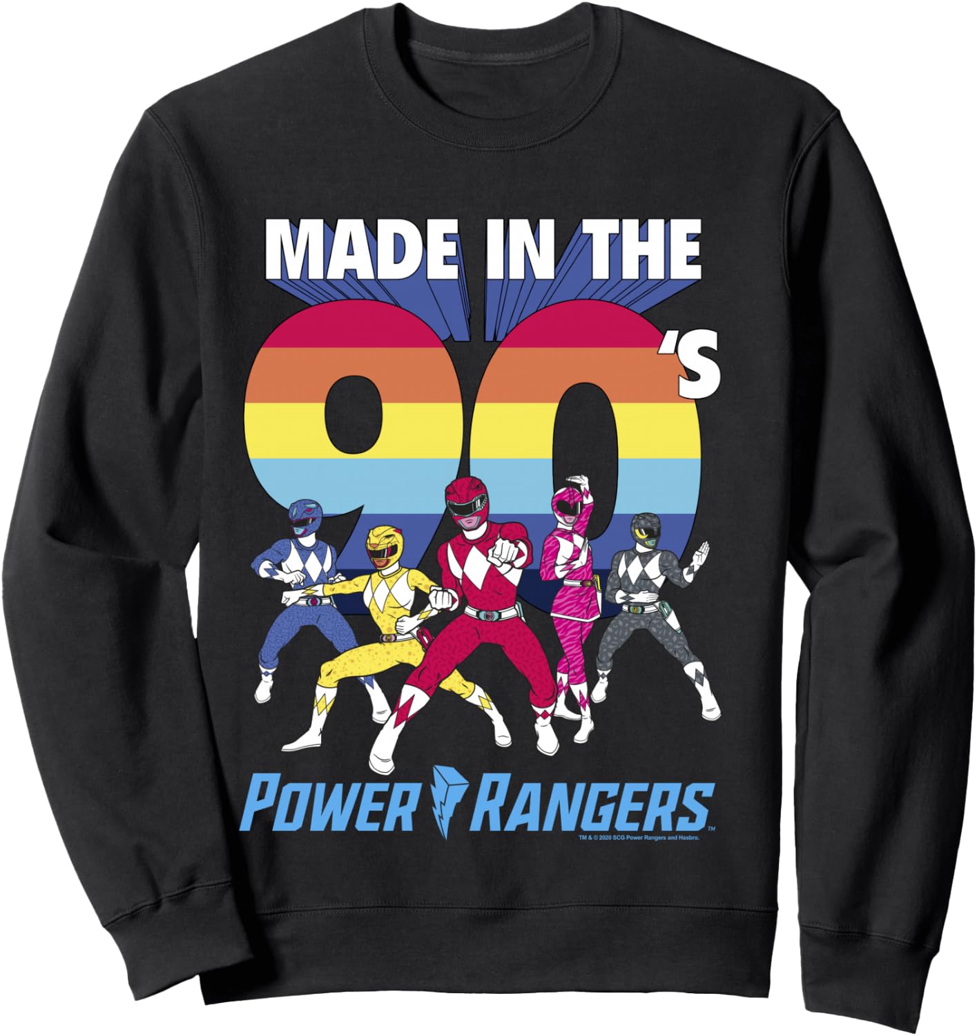Power Rangers Made In The 90's Retro Rainbow Stripe Logo Sweatshirt - Sweatshirt | Black