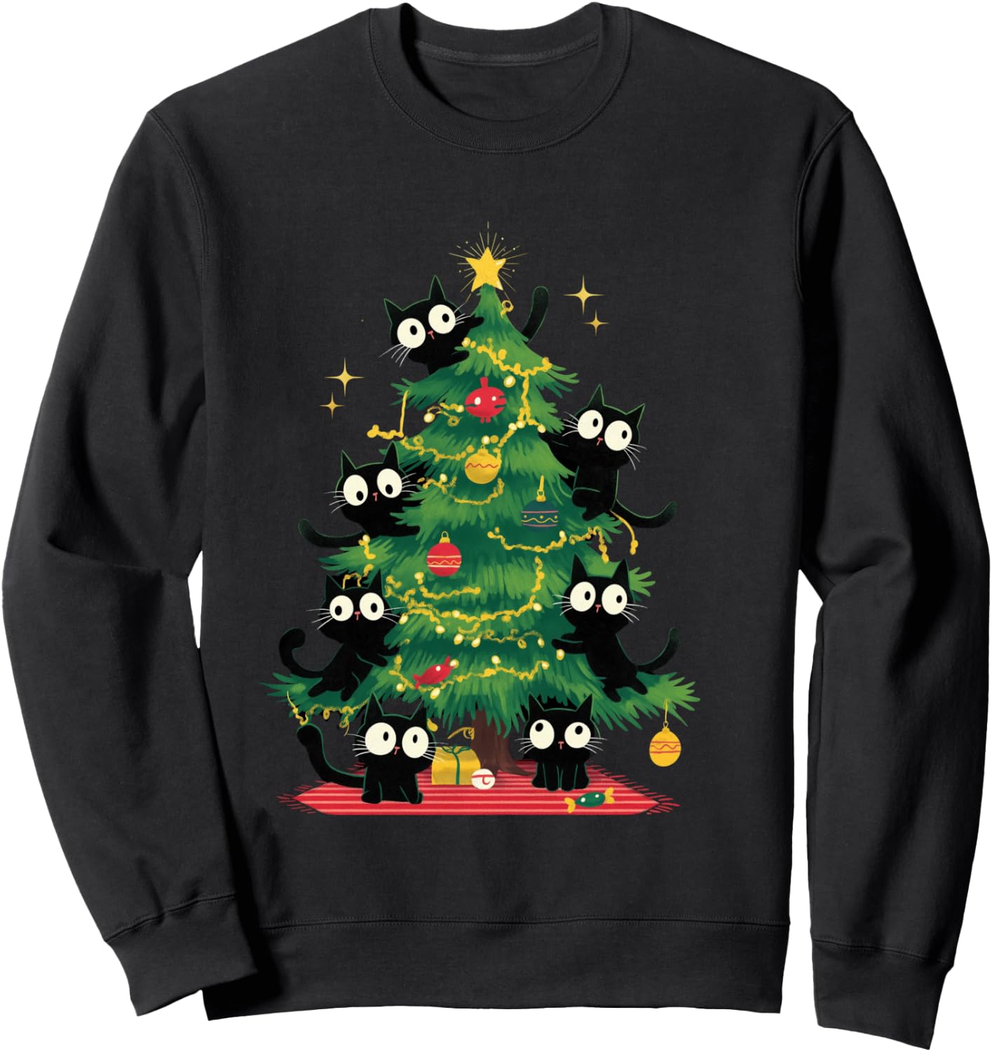 Arbre de Noël Amusant avec Chats Noirs pour Enfants, Hommes, Femmes, Nouvel an Manche Longue Sweatshirt - Sweatshirt | Black