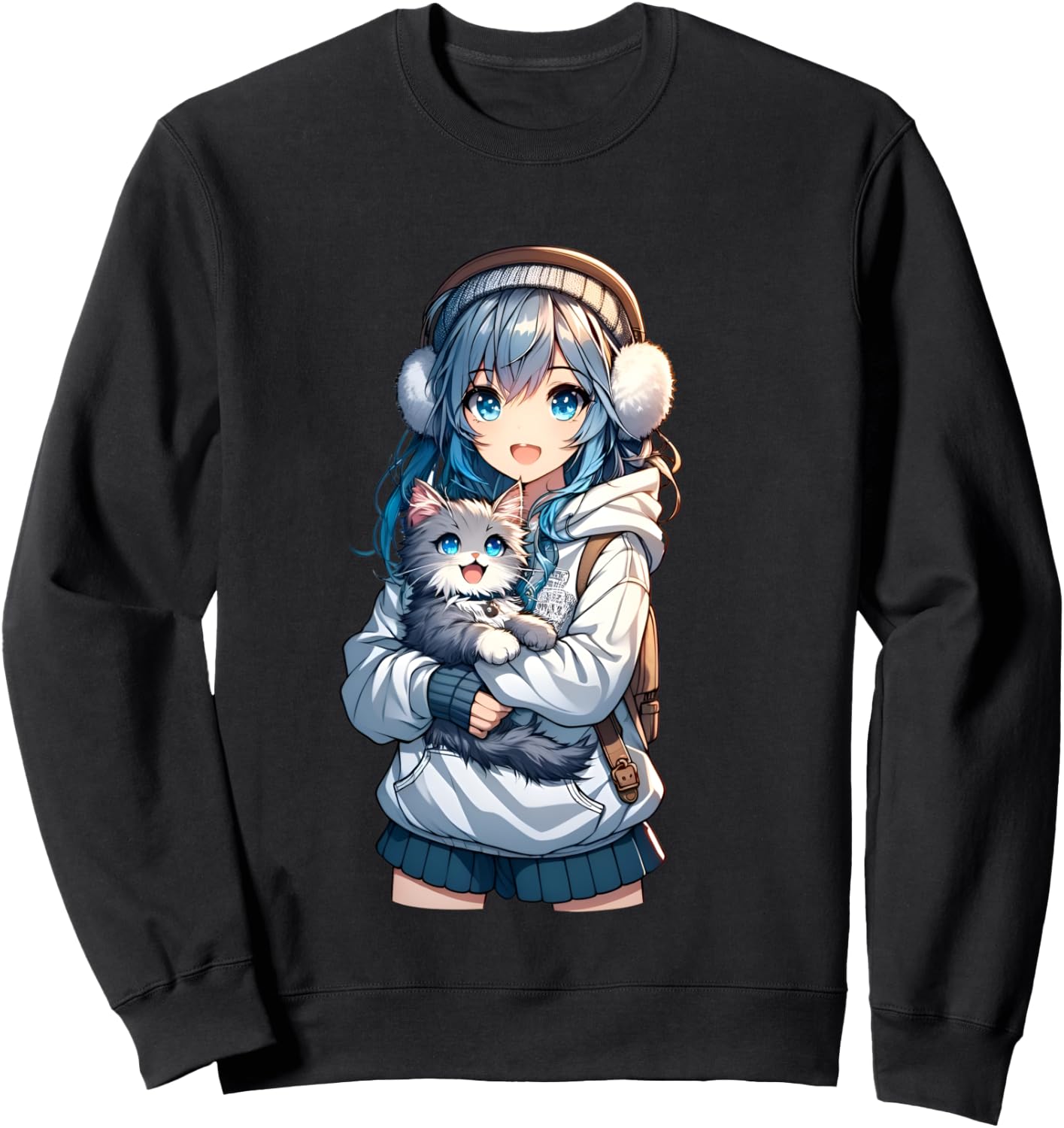 Cute Anime Girl with Cat for Cat Lover Kawaii Otaku Manga , Black, S Sweatshirt - Sweatshirt | Black