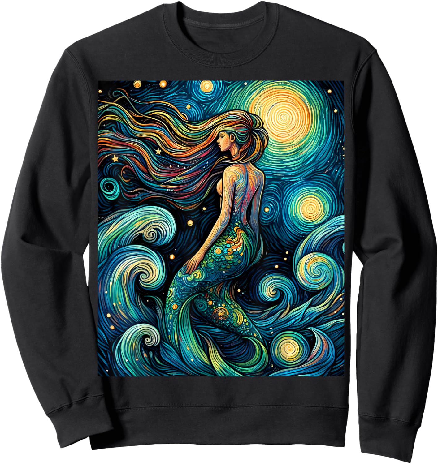 Mermaid Under Starry Night Sky Art Graphic Christmas Sweatshirt - Sweatshirt | Black