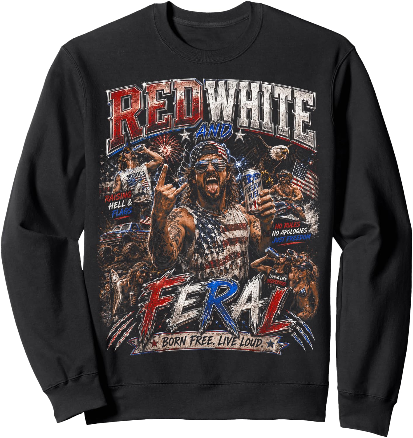 Red White and Feral Freedom US Flag American Bootleg Sweatshirt - Sweatshirt | Black