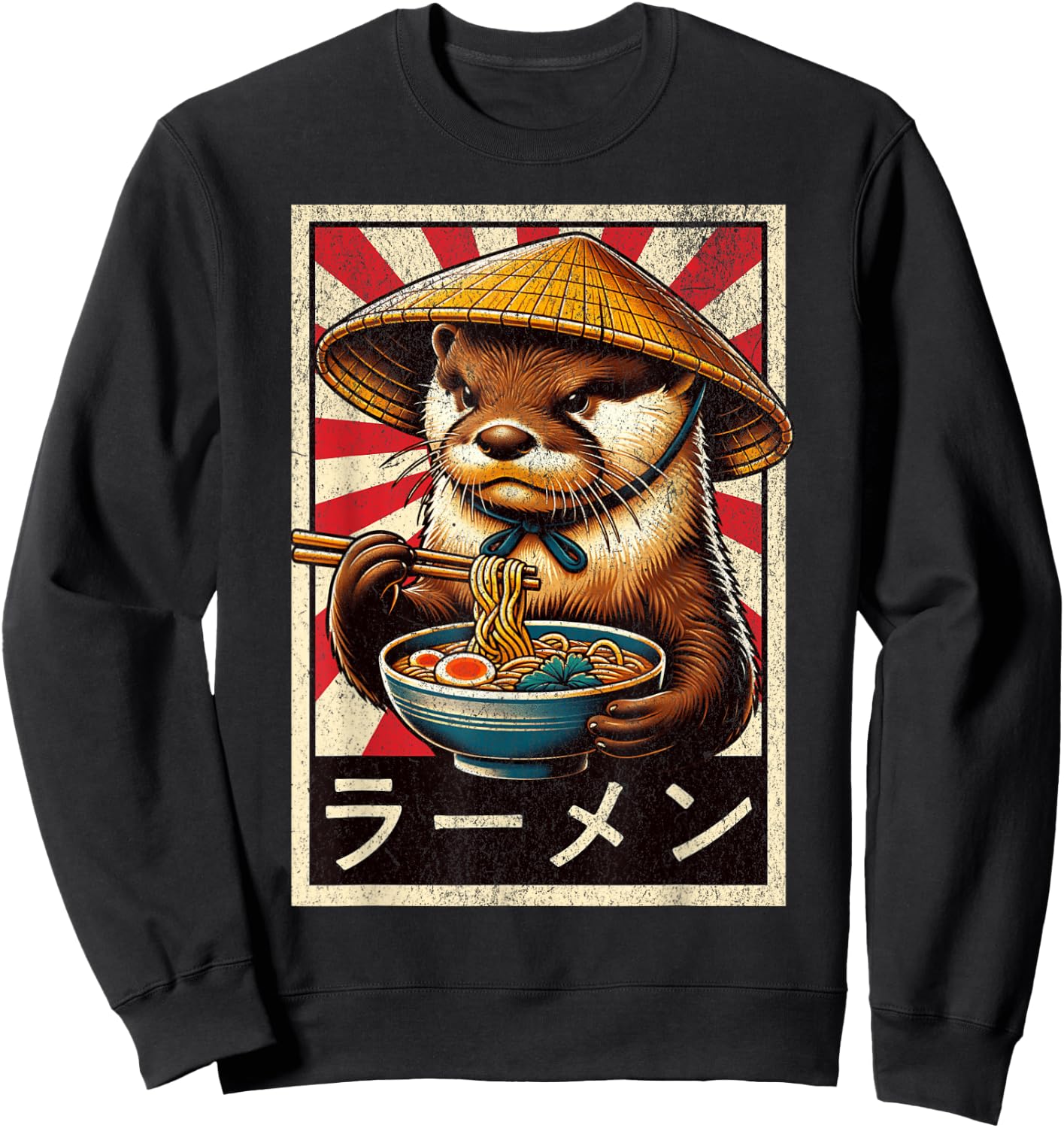 Vintage Otter Eating Ramen. Funny Anime Otter Ramen Lover Sweatshirt - Sweatshirt | Black