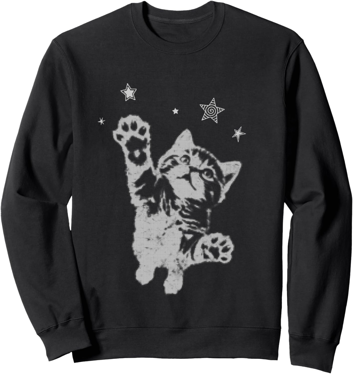 Y2K Cat Jumping Stars Silly 90s 2000s Grunge Vintage Graphic Sweatshirt - Sweatshirt | Black