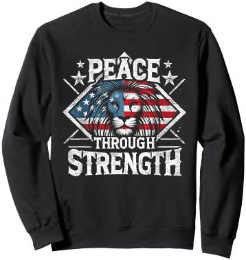 CharlIan Minds - USA Flag Peace Through Strength Lion Patriot -Adults Black Short Sleeve Modern Novelty Graphic Sweatshirt - Sweatshirt | Black