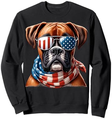 Boxer Dog USA Flag Sunglasses Patriotic Dog 4th of July Sweatshirt - Sweatshirt | Black