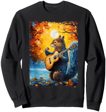 Van Gogh Starry Night Squirrel Playing Guitar Squirrel Lover Sweatshirt - Sweatshirt | Black