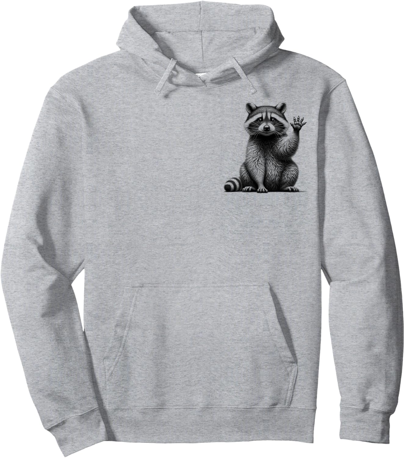 Cute Waving Raccoon Drawing Style on Chest , gray Hoodie - Hoodie | Ash