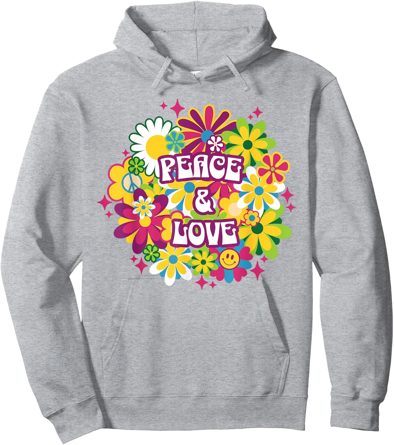 Peace Love 70s Retro Floral Happy Face Flower Groovy Women's , Blue, S Hoodie - Hoodie | Ash
