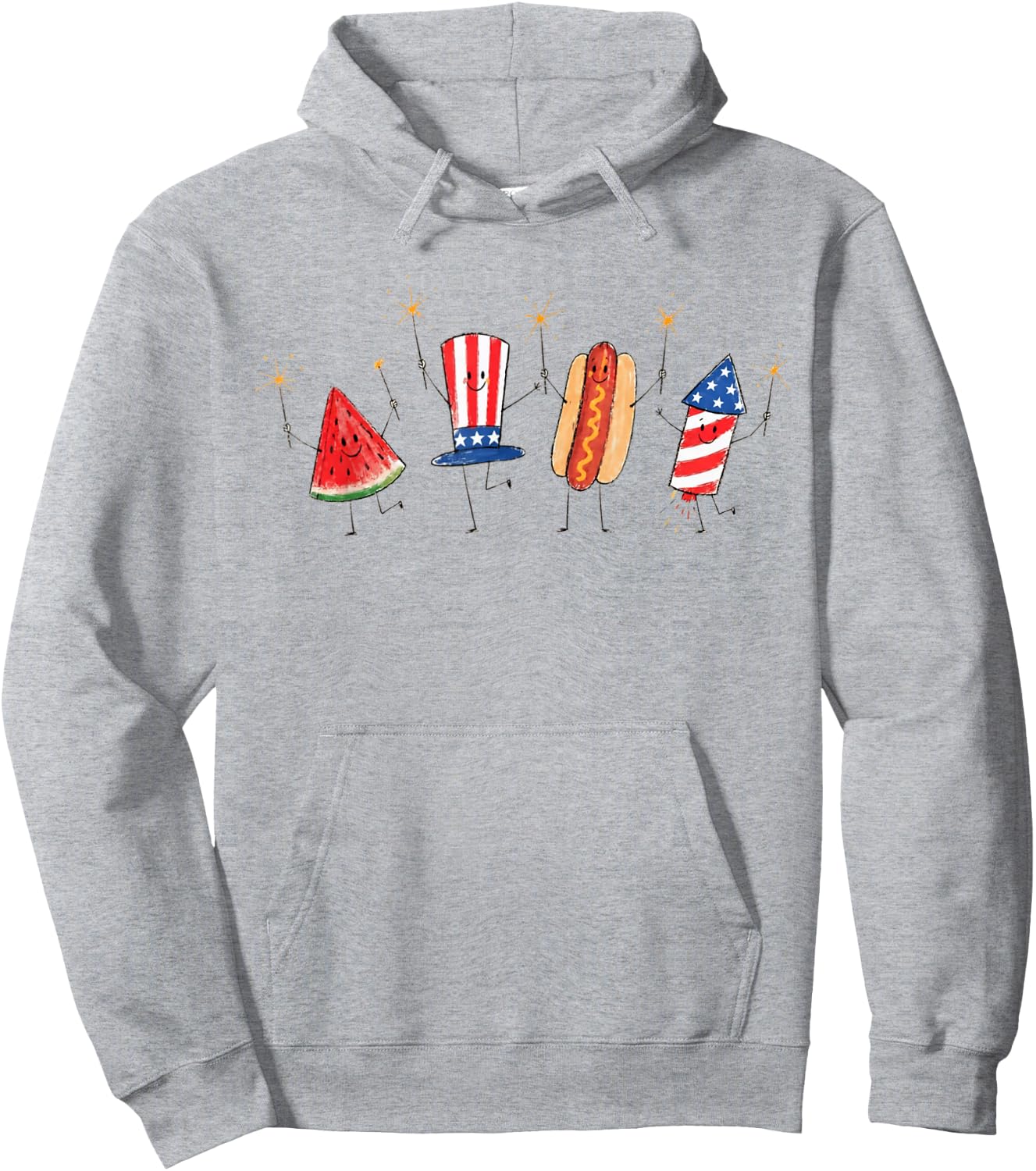 Patriotic Doodle Fourth of July Watermelon Hot Dog Firework Hoodie - Hoodie | Ash