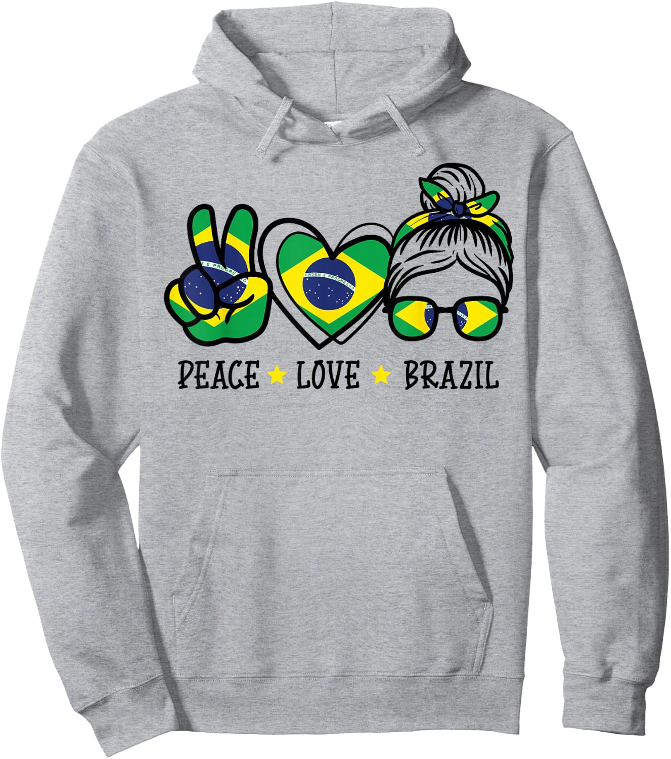 Peace Love Brazil Messy Bun Soccer Fan Women Girls Kids Hoodie - Hoodie | Ash
