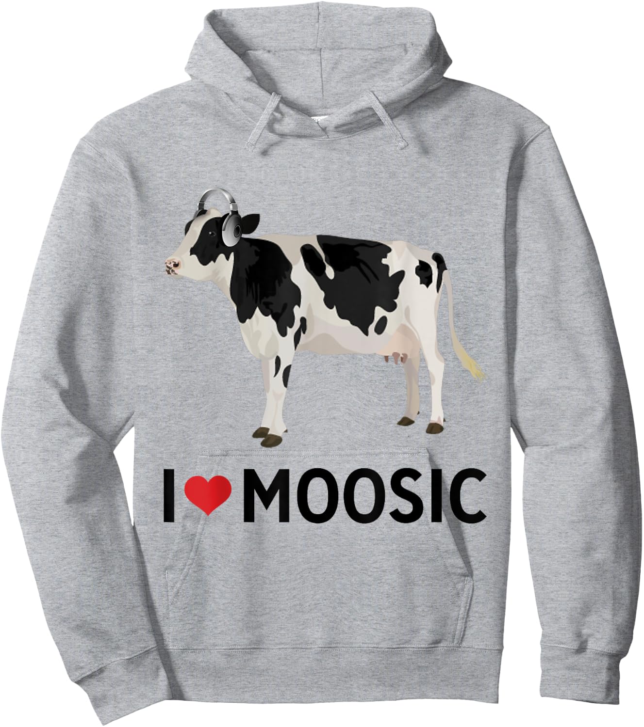 I Love Music Headphones Cow "I Heart Moosic" Funny Pun Hoodie - Hoodie | Ash