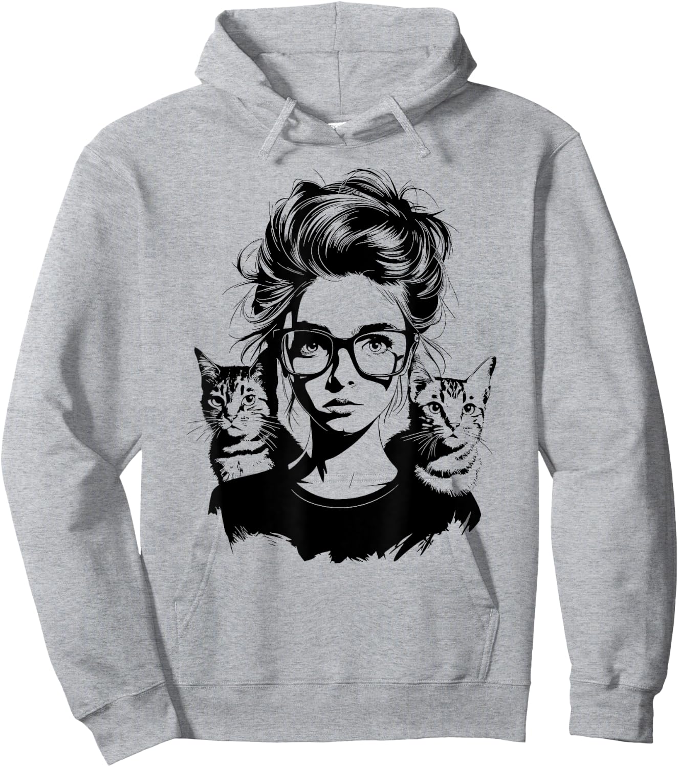 Cute Cat Silhouette Woman Girl with Two Cats Hoodie - Hoodie | Ash
