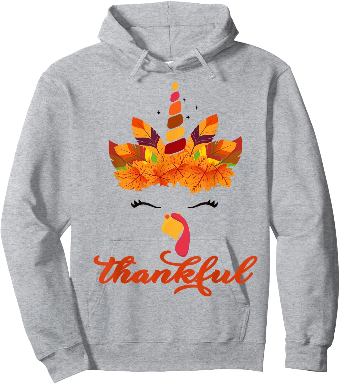 Thankful Unicorn Turkey Face Thanksgiving Outfit Girl Kids Hoodie - Hoodie | Ash