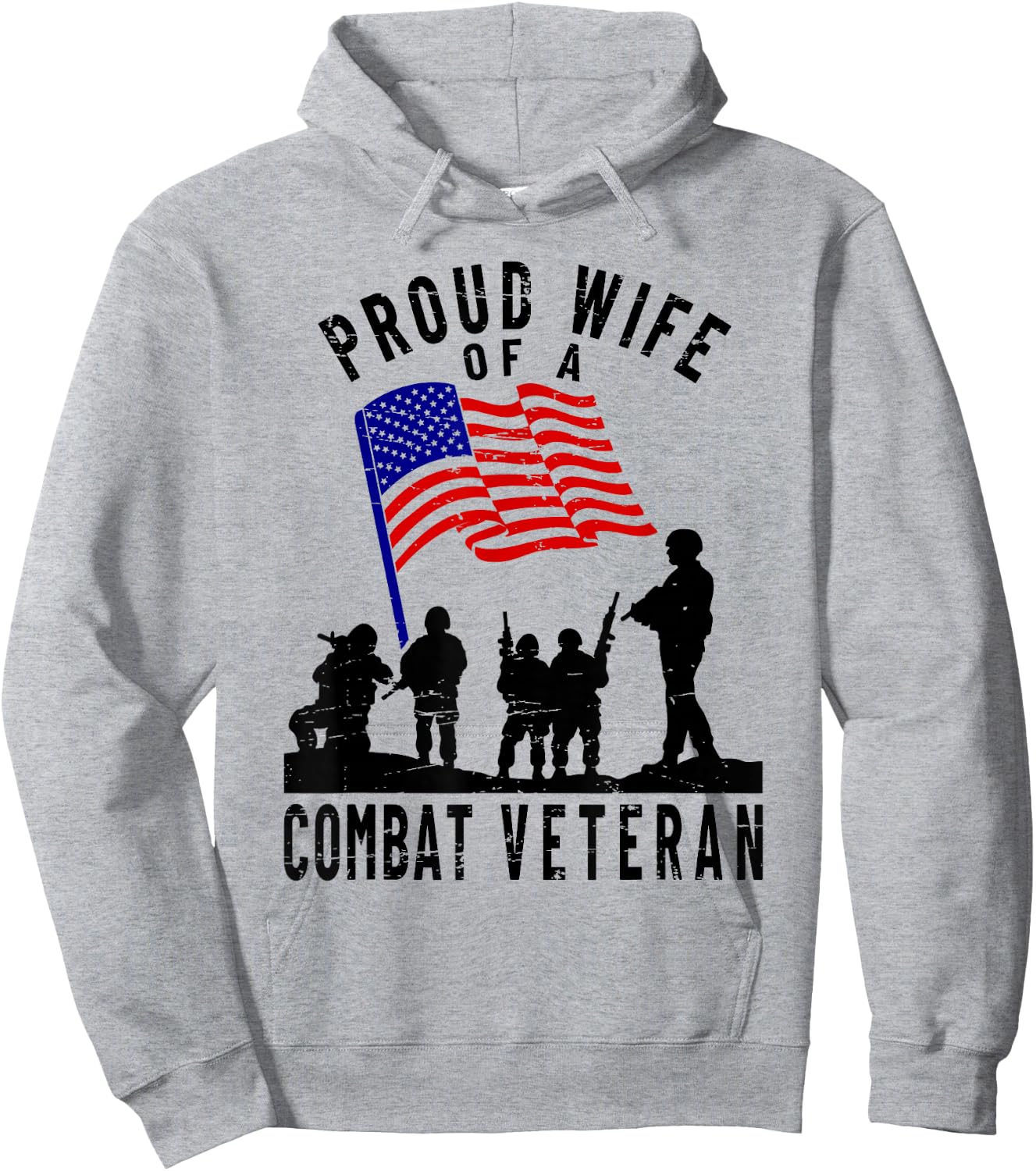 Proud Wife of a Combat Veteran Retro US Flag Military Family Hoodie - Hoodie | Ash