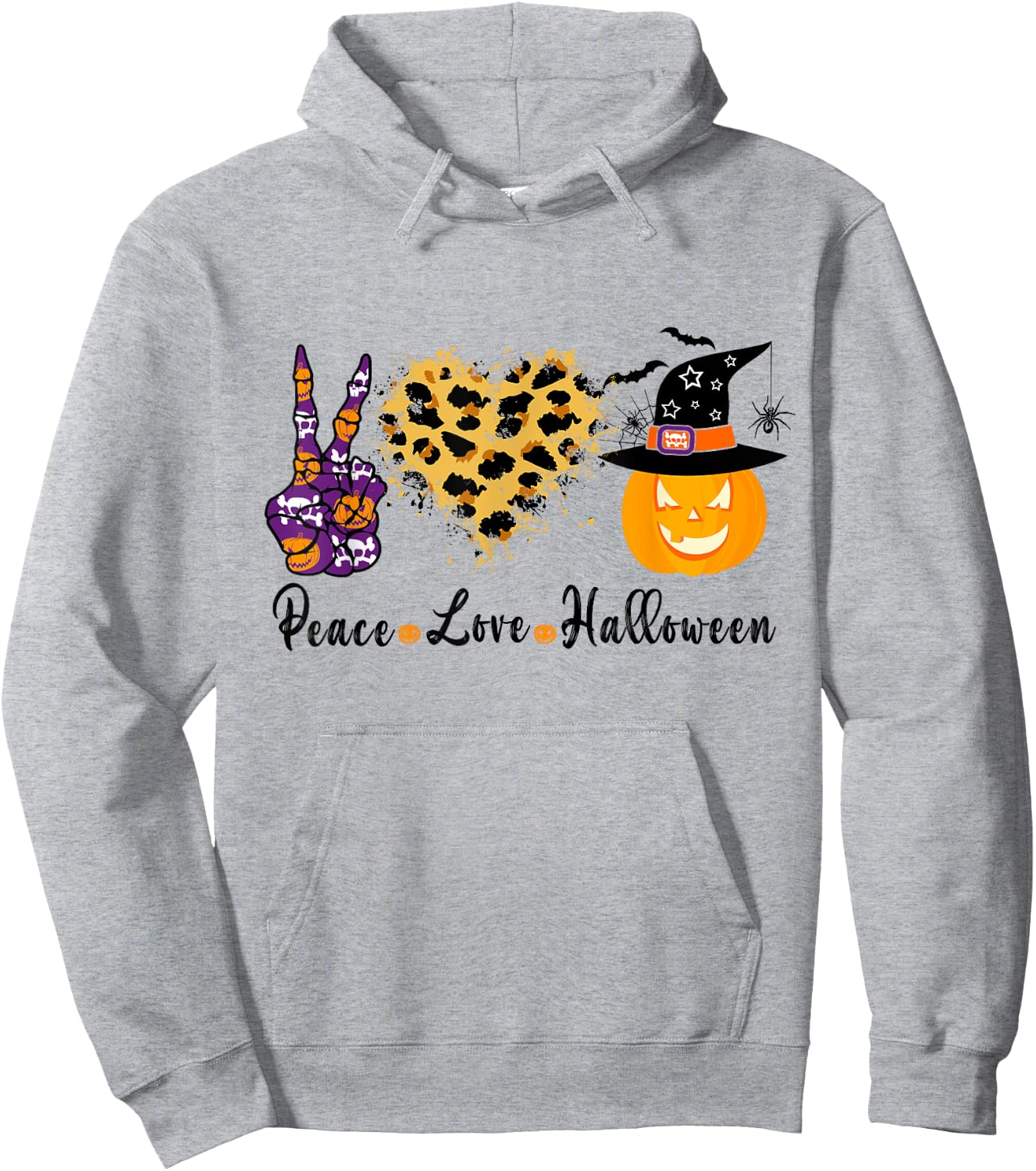 Peace Love Halloween Leopard Heart Halloween Pumpkin Hoodie - Hoodie | Ash