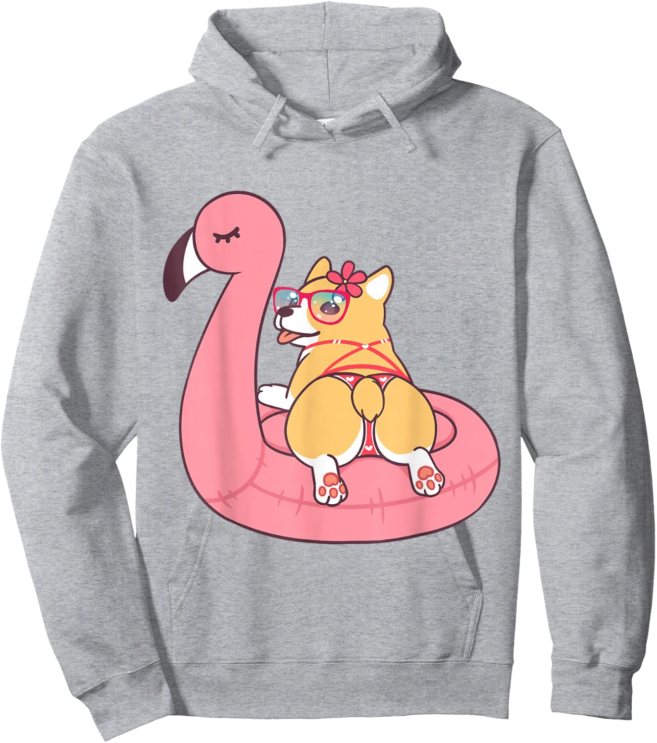 Corgi Butt Dog Bikini Pink Flamingo Float Funny Gift T Shirt Hoodie - Hoodie | Ash