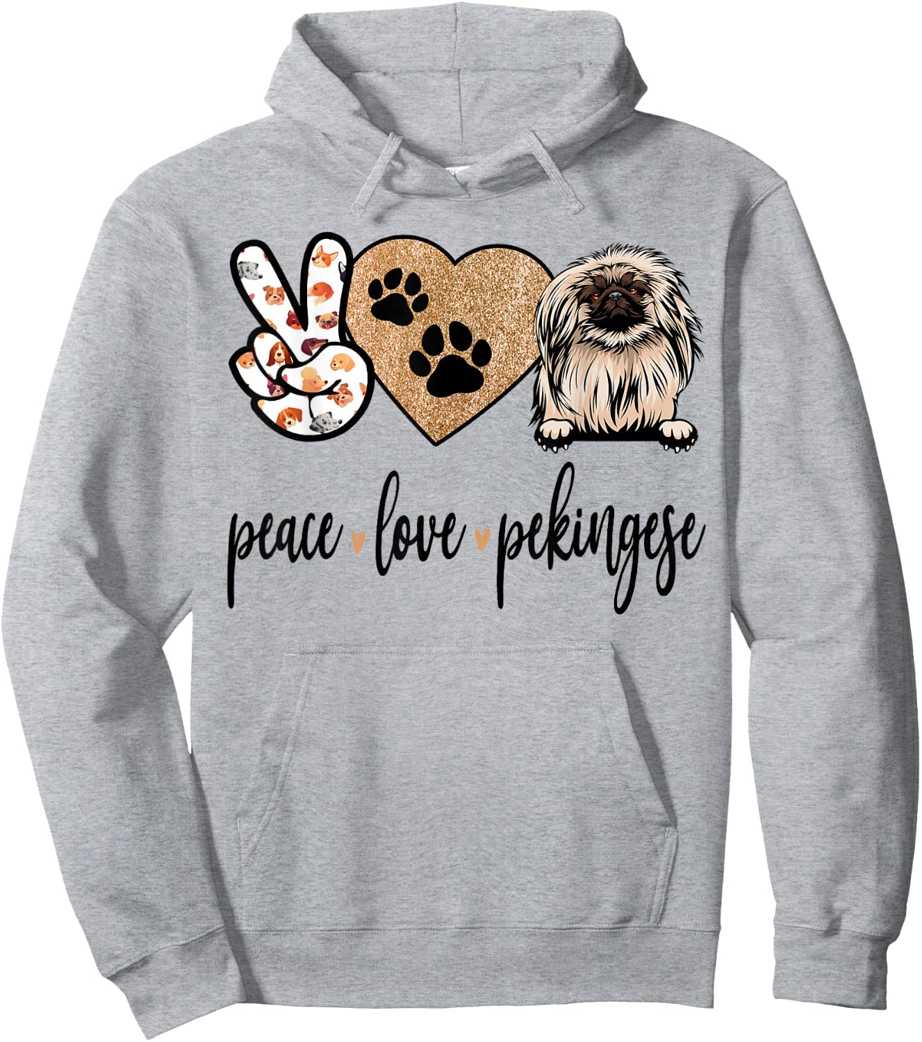 Funny Peace Love Pekingese Dog Lover Hoodie - Hoodie | Ash