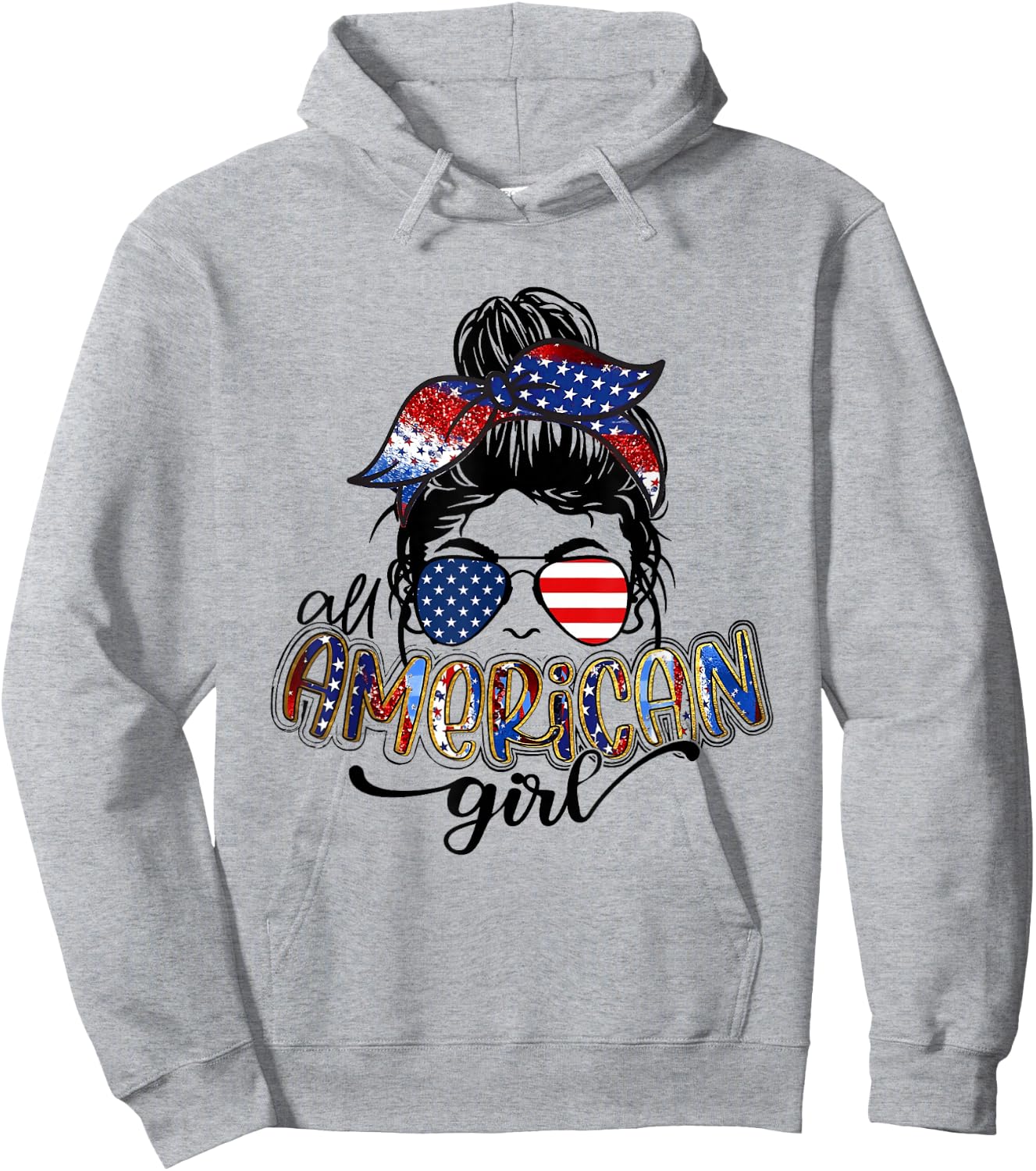 All American Girls Messy Bun Leopard 4th of July Flag Hoodie - Hoodie | Ash