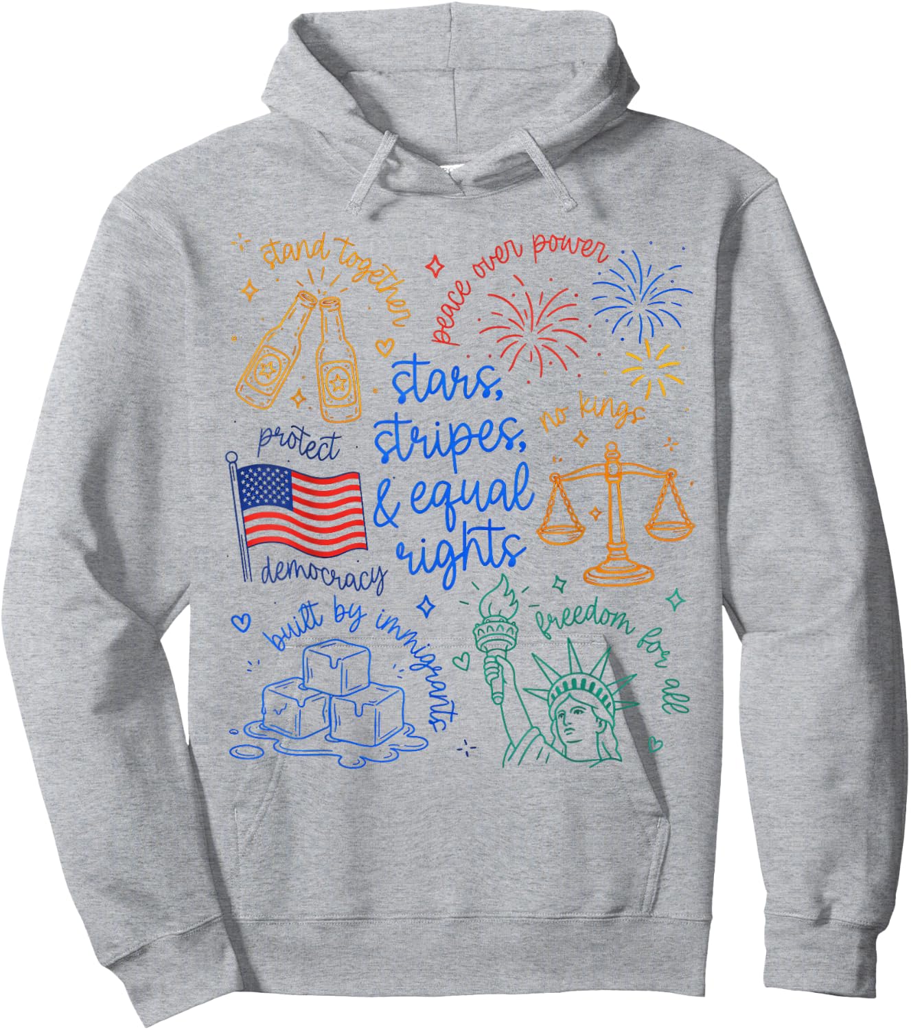 Stars Stripes & Equal Right Doodle USA Political Liberal Hoodie - Hoodie | Ash