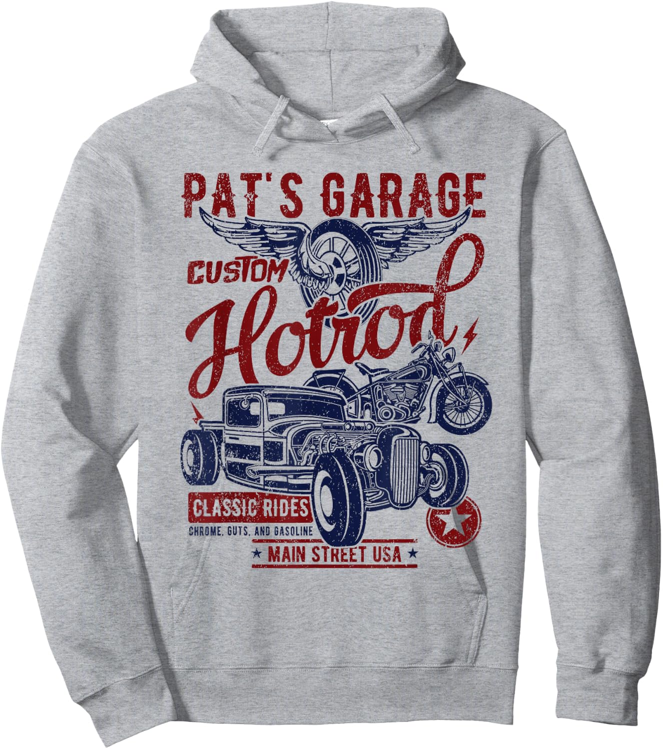 Pat's Garage Hotrod Classic Rides Distressed Design Hoodie - Hoodie | Ash