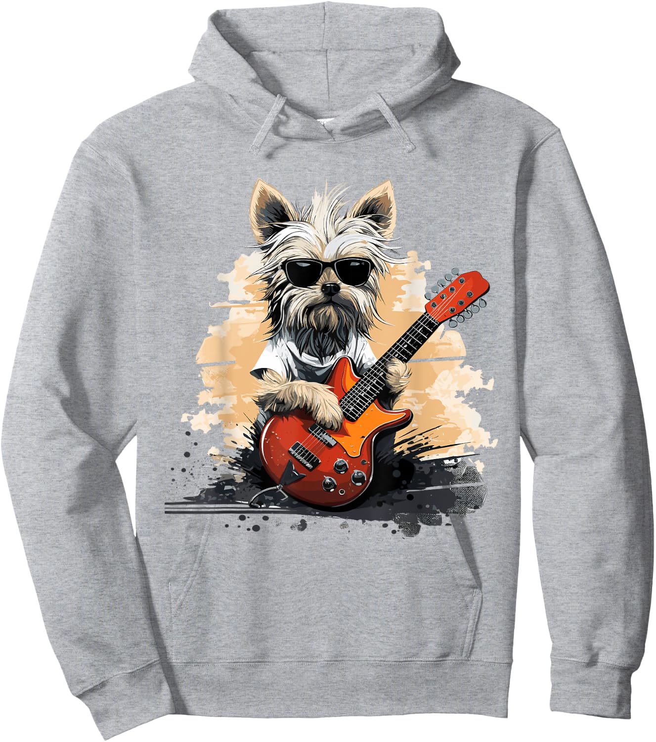 Cool Yorkshire Terrier Playing Guitar Print Art Yorkie Lover Hoodie - Hoodie | Ash