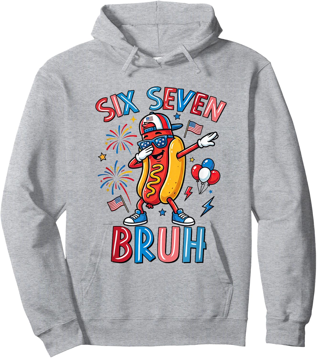 Six Seven Bruh 67 Meme 4th of July Hotdog Dabbing Boys Kids Hoodie - Hoodie | Ash